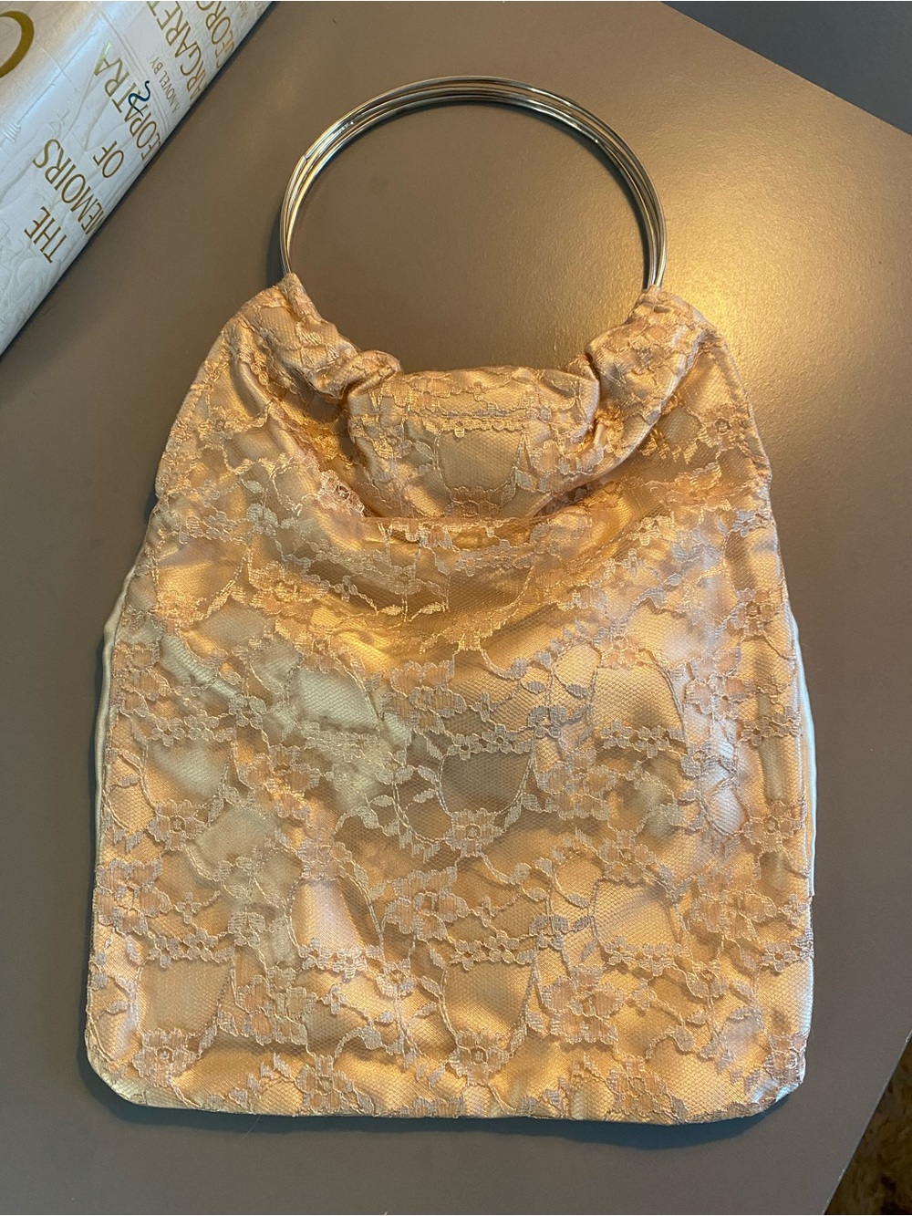 Elegant Satin & Lace Bow Handle Bag in Champagne - Picture 3 of 3